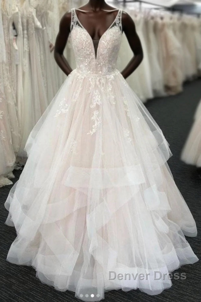 Long A-line Tulle V Neck Open Back Layered Wedding Dresses Main image