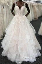 Long A-line Tulle V Neck Open Back Layered Wedding Dresses