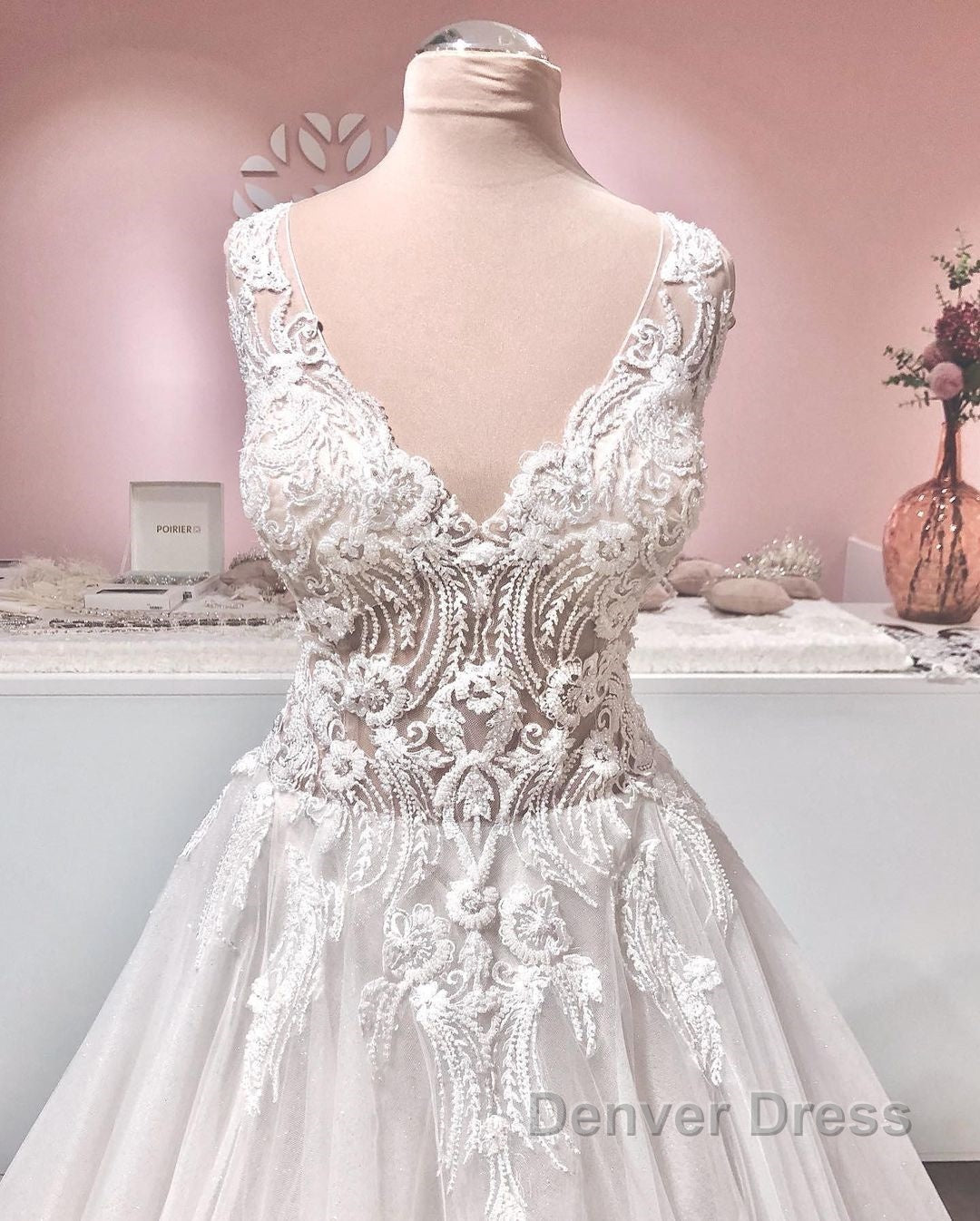 Long A-line V-neck Appliques Lace Backless Tulle Ruffles Wedding Dresses