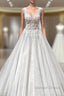 Long A-line V-neck Appliques Lace Backless Tulle Ruffles Wedding Dresses