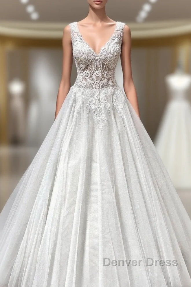 Long A Line V Neck Appliques Lace Backless Tulle Ruffles Wedding Dresses Main image