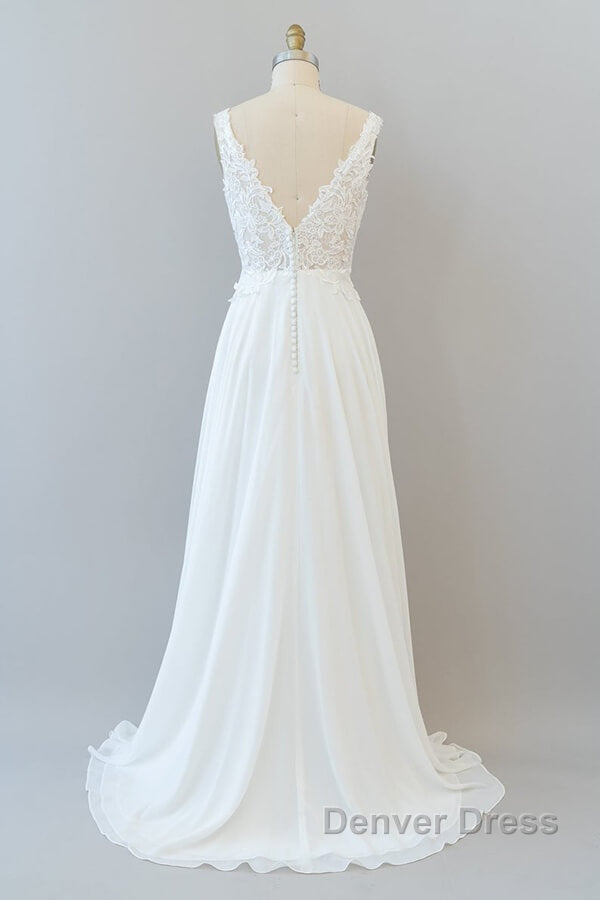 Long A Line V Neck Appliques Lace Chiffon Wedding Dresses Secondary image