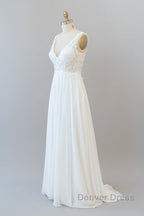 Long A Line V Neck Appliques Lace Chiffon Wedding Dresses