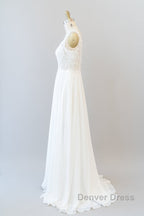 Long A-line V-neck Appliques Lace Chiffon Wedding Dresses
