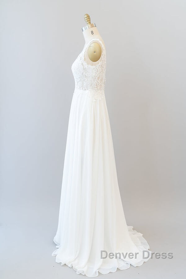 Long A-line V-neck Appliques Lace Chiffon Wedding Dresses