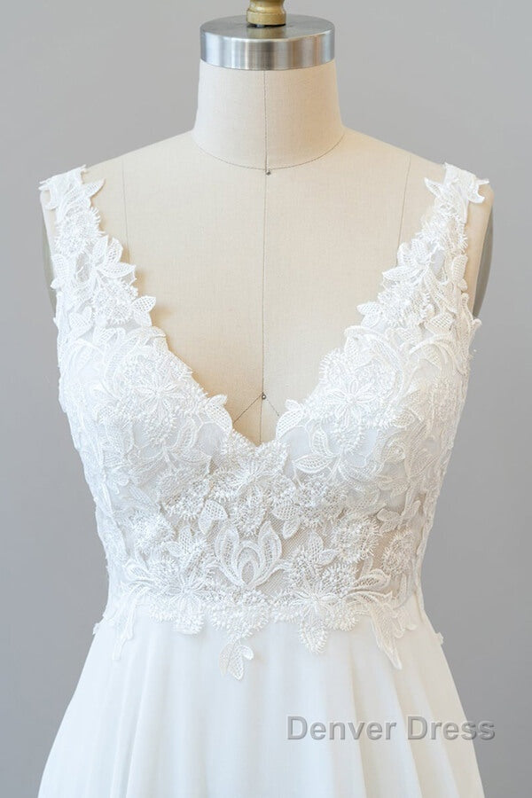 Long A Line V Neck Appliques Lace Chiffon Wedding Dresses