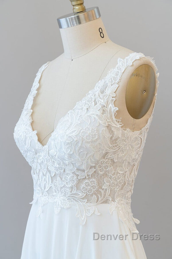 Long A Line V Neck Appliques Lace Chiffon Wedding Dresses