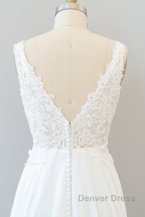 Long A Line V Neck Appliques Lace Chiffon Wedding Dresses