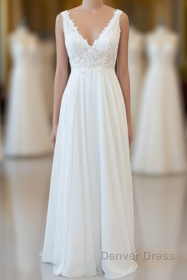 Long A-line V-neck Appliques Lace Chiffon Wedding Dresses Main image