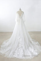 Long A-line V-neck Appliques Lace Tulle Backless Wedding Dresses with Sleeves