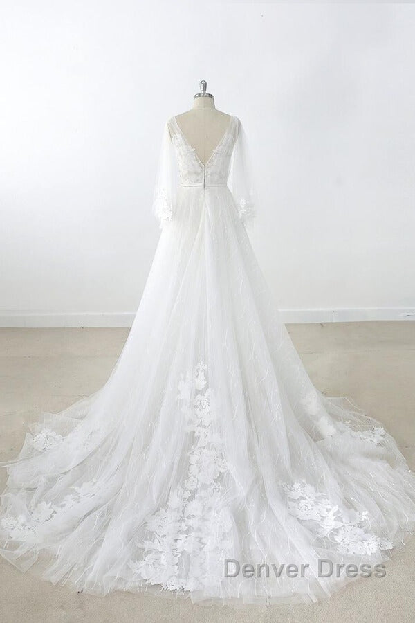 Long A Line V Neck Appliques Lace Tulle Backless Wedding Dresses with Sleeves Secondary image