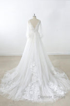 Long A Line V Neck Appliques Lace Tulle Backless Wedding Dresses with Sleeves
