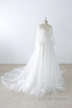 Long A-line V-neck Appliques Lace Tulle Backless Wedding Dresses with Sleeves