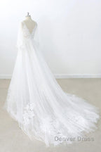 Long A-line V-neck Appliques Lace Tulle Backless Wedding Dresses with Sleeves