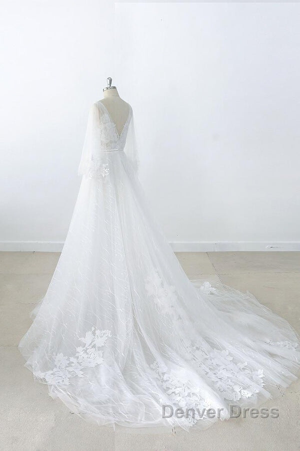 Long A Line V Neck Appliques Lace Tulle Backless Wedding Dresses with Sleeves