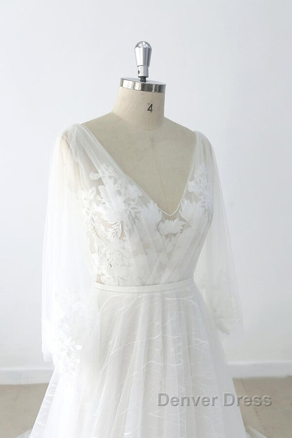 Long A Line V Neck Appliques Lace Tulle Backless Wedding Dresses with Sleeves
