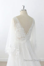 Long A-line V-neck Appliques Lace Tulle Backless Wedding Dresses with Sleeves