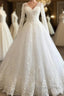 Long A Line V Neck Appliques Lace Tulle Wedding Dresses with Sleeves