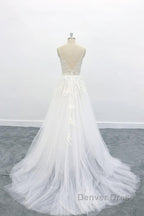 Long A-line V-neck Backless Appliques Lace Tulle Wedding Dresses