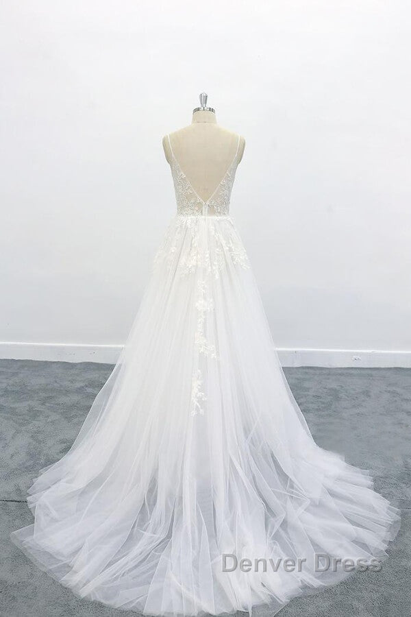 Long A Line V Neck Backless Appliques Lace Tulle Wedding Dresses