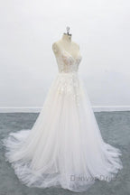 Long A Line V Neck Backless Appliques Lace Tulle Wedding Dresses
