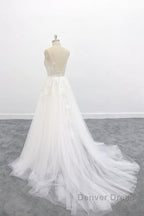 Long A-line V-neck Backless Appliques Lace Tulle Wedding Dresses
