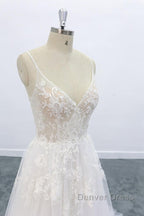 Long A-line V-neck Backless Appliques Lace Tulle Wedding Dresses
