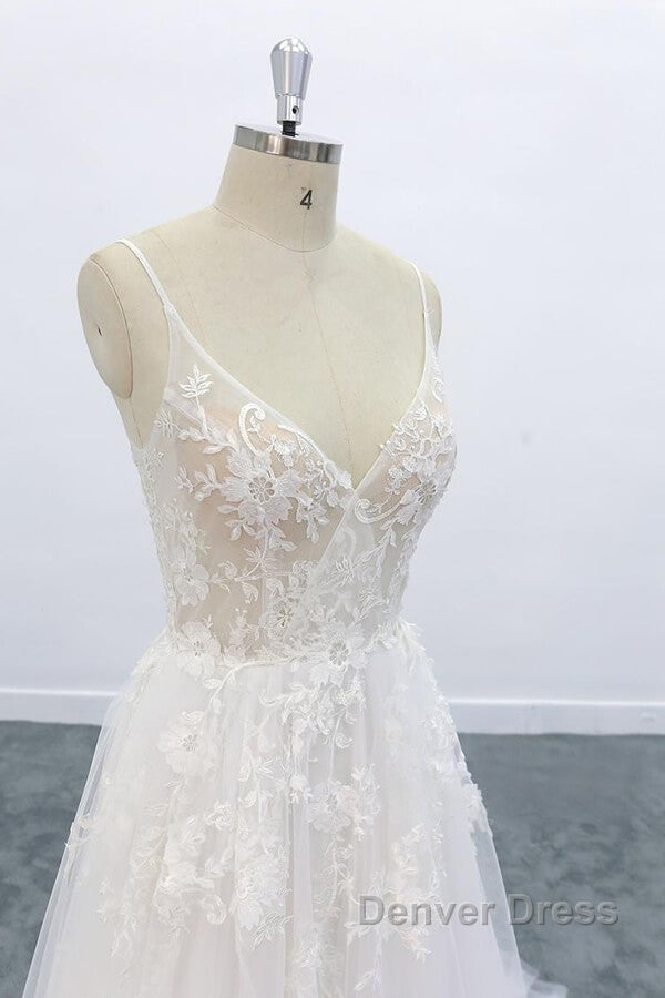 Long A-line V-neck Backless Appliques Lace Tulle Wedding Dresses