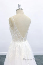Long A-line V-neck Backless Appliques Lace Tulle Wedding Dresses