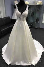 Long A-Line V Neck Halter Satin Wedding Dresses