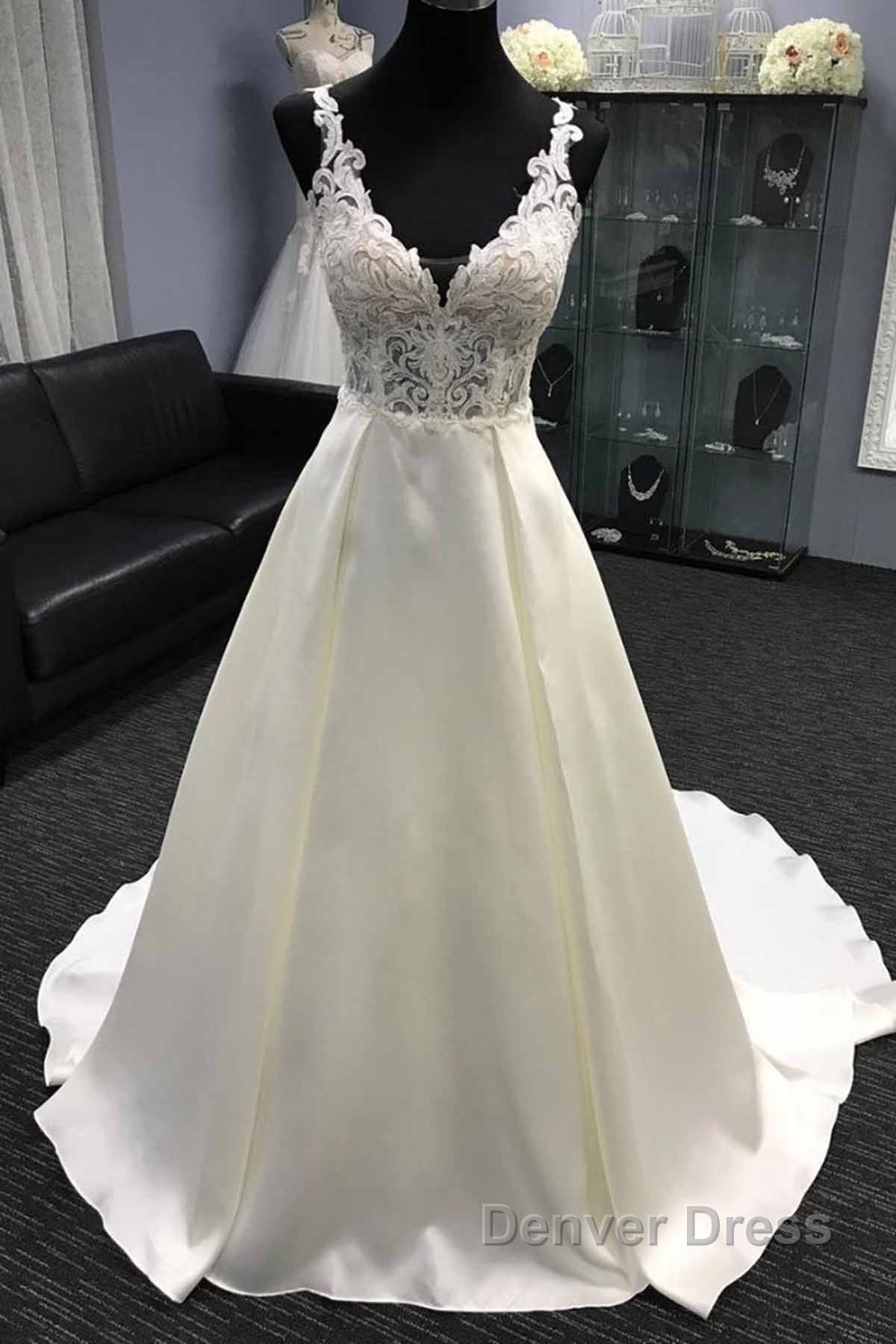 Long A-Line V Neck Halter Satin Wedding Dresses