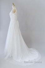 Long A Line V Neck Lace Tulle Backless Wedding Dresses