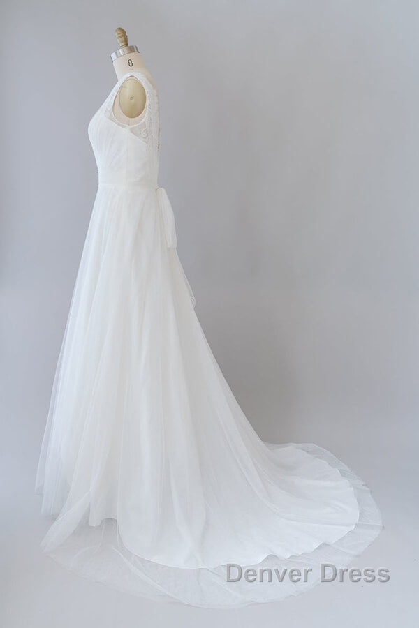 Long A Line V Neck Lace Tulle Backless Wedding Dresses
