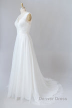Long A Line V Neck Lace Tulle Backless Wedding Dresses
