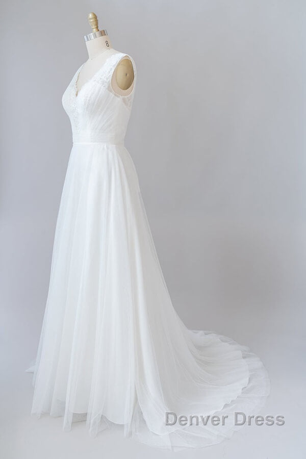 Long A Line V Neck Lace Tulle Backless Wedding Dresses