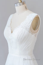 Long A Line V Neck Lace Tulle Backless Wedding Dresses