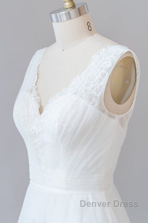 Long A Line V Neck Lace Tulle Backless Wedding Dresses