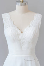 Long A-line V-neck Lace Tulle Backless Wedding Dresses