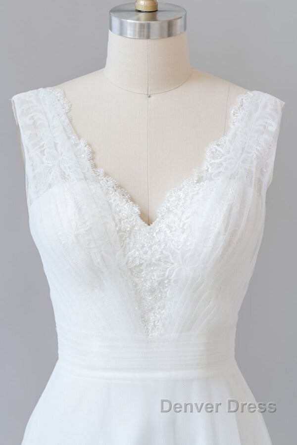 Long A Line V Neck Lace Tulle Backless Wedding Dresses