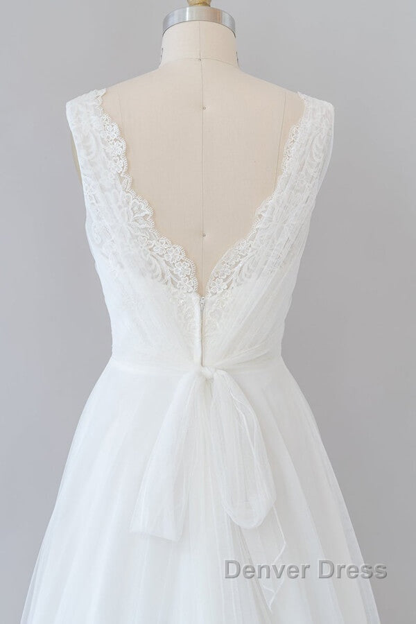Long A-line V-neck Lace Tulle Backless Wedding Dresses