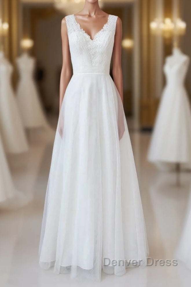Long A Line V Neck Lace Tulle Backless Wedding Dresses Main image