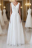 Long A Line V Neck Lace Tulle Backless Wedding Dresses