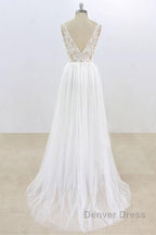 Long A Line V Neck Lace Tulle Open Back Wedding Dresses