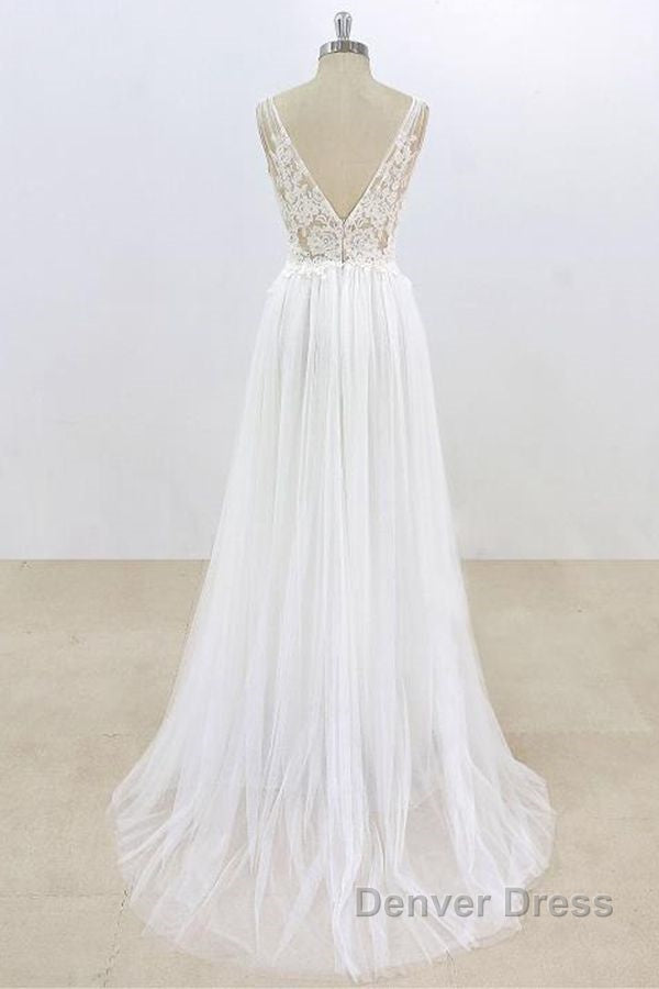 Long A Line V Neck Lace Tulle Open Back Wedding Dresses