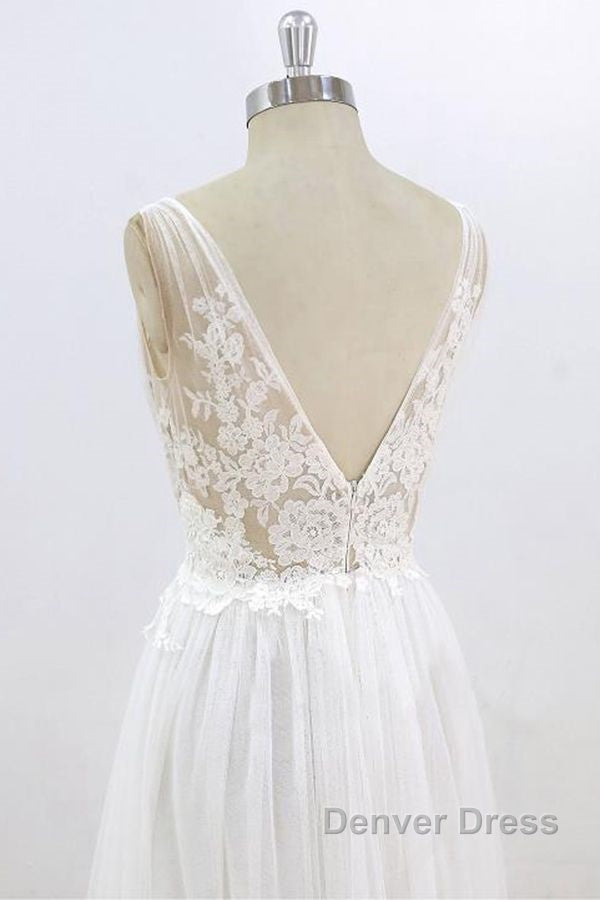 Long A Line V Neck Lace Tulle Open Back Wedding Dresses