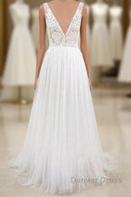 Long A-line V-neck Lace Tulle Open Back Wedding Dresses