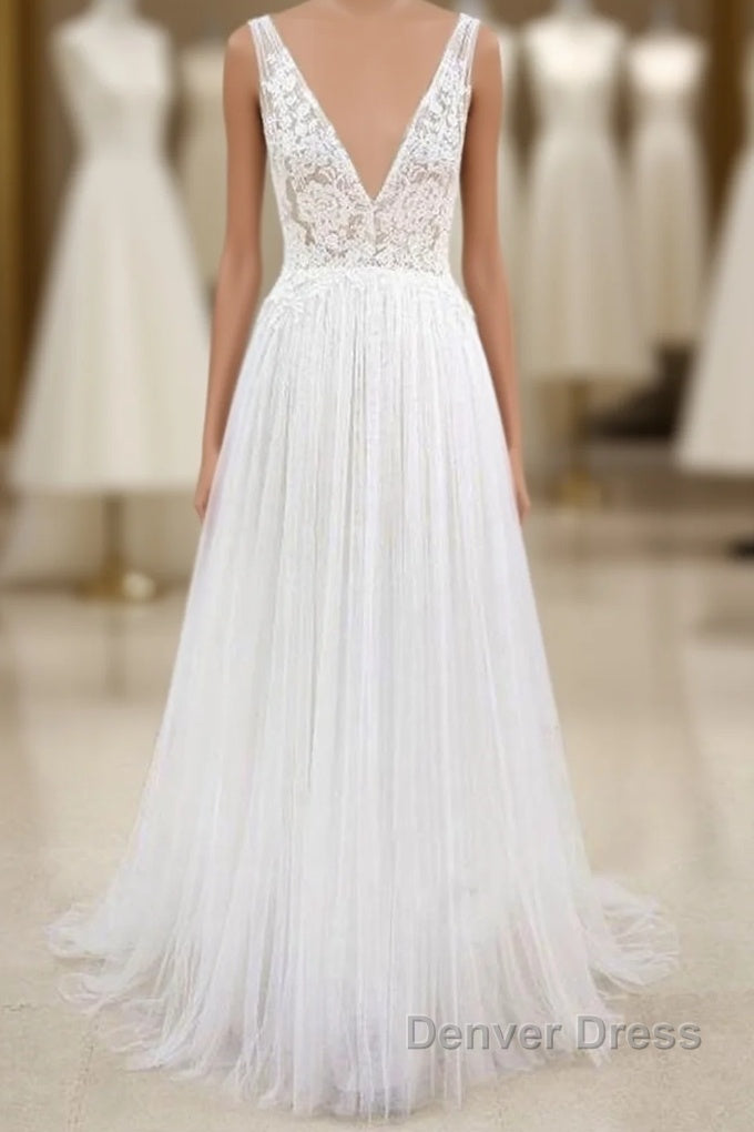 Long A Line V Neck Lace Tulle Open Back Wedding Dresses