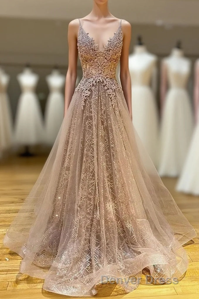 Long A Line V Neck Lace Tulle Prom Graduation Prom Dresses