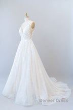 Long A Line V Neck Open Back Appliques Lace Tulle Wedding Dresses