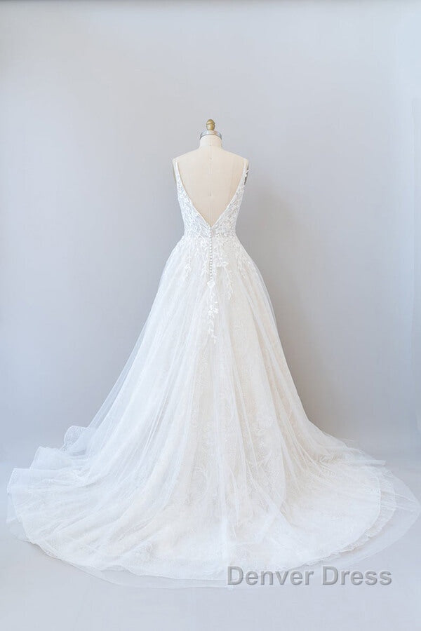 Long A Line V Neck Open Back Appliques Lace Tulle Wedding Dresses